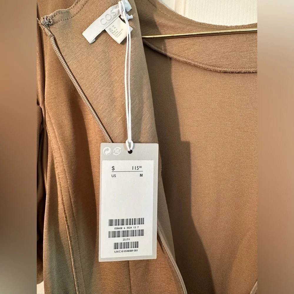COS M Glossy Minimalist Taupe Puff Bubble Short Sleeve Shift Scandi Style Dress - Picture 8 of 16